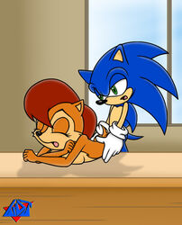 anthro big_breasts blue_hair breasts chipmunk closed_eyes female green_eyes hair hedgehog male mammal open_mouth penetration rodent sally_acorn sega sex sonic_(series) sonic_the_hedgehog straight vaginal_penetration wdj