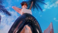 1girls 3d 3d_(artwork) beach beach_background beach_chair blizzard_entertainment breasts choker detailed_background female female_focus female_only goggles hi_res high_resolution highres large_breasts moonroomoom overwatch overwatch_2 palm_tree plump_labia puffy_pussy sand solo solo_female solo_focus tracer