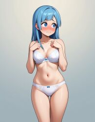 1girls ai_generated blue_eyes blue_hair blush bra embarrassed female female_only human jujutsu_kaisen kasumi_miwa kslgsnb looking_away medium_breasts panties shy shy_expression solo thighs underwear white_bra white_panties white_underwear yodayo