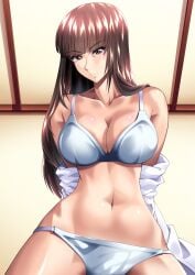 1girls belly belly_button big_breasts bra breasts brown_hair cleavage collarbone female female_focus girls_und_panzer large_breasts light-skinned_female light_skin long_hair looking_at_viewer mature_female memotonoshiwatsubasa midriff milf mommy mother nishizumi_shiho panties solo solo_female solo_focus