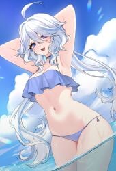 1girls 2024 2d 2d_(artwork) alternate_costume arms_behind_head belly_button bikini bikini_bottom bikini_top blue_bikini blue_bikini_bottom blue_bikini_top blue_eyes blue_hair blue_swimsuit clouds day female female_focus female_only front_view furina_(genshin_impact) genshin_impact heterochromia high_resolution highres light-skinned_female light_skin long_hair looking_at_viewer medium_breasts navel nemuaki ocean open_mouth outdoors pigtails revealing_swimsuit sexy sky slim_girl smiling smiling_at_viewer solo solo_female solo_focus standing standing_in_water swimsuit thong thong_bikini two_piece_swimsuit two_tone_hair water wet wet_body white_hair young younger_female