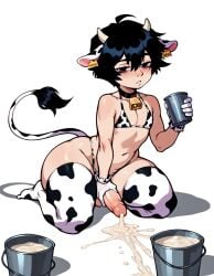 1boy ai_generated ass big_ass big_balls big_butt big_penis bottom_heavy brax_(artist) bucket bucket_of_cum cow_ears cow_horns cow_print cowbell cum cumming doomer_boy femboy hips hyper_ass penis shortstack smaller_male solo stable_diffusion tagme wide_hips