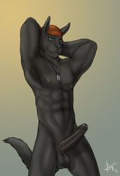 1boy abs anthro arms_behind_head balls bandana biceps black_fur canine erection fur furry green_eyes headphones looking_at_viewer lupine_assassin male male_only muscles necklace nipples nude pecs penis rov solo uncut wolf