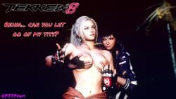 2girls 3d animated annoyed annoyed_expression asian asian_female belt black_hair blonde_hair blue_eyes breast_grab breast_grab_from_behind breasts breasts_out dark_hair female female_focus female_only fighter fighters fingerless_gloves fit fit_female forced funny gloves groping groping_breasts groping_from_behind jacket jealous jealous_female jealousy lidia_sobieska medium_breasts muscular muscular_female music partially_clothed partially_clothed_female pj-jp poland polish purple_hair reina_mishima sound sound_effects tagme tekken tekken_8 text topless topless_female twitter_username video yuri