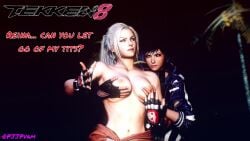 2girls 3d animated annoyed annoyed_expression asian asian_female belt black_hair blonde_hair blue_eyes breast_grab breast_grab_from_behind breasts breasts_out dark_hair female female_focus female_only fighter fighters fingerless_gloves fit fit_female forced funny gloves groping groping_breasts groping_from_behind jacket jealous jealous_female jealousy lidia_sobieska medium_breasts muscular muscular_female music namco partially_clothed partially_clothed_female pj-jp poland polish purple_hair reina_mishima sound sound_effects tagme tekken tekken_8 text topless topless_female twitter_username video yuri