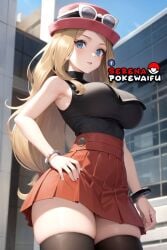 ai_generated black_shirt black_stockings blonde_hair blue_eyes game_freak hat miniskirt nintendo serena_(pokemon) thighhighs thighs