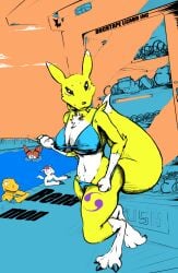 abstract_colors agumon anthro athletic balls bandai_namco big_breasts bikini blood bodily_fluids breasts casual_nudity clothing digimon digimon_(species) ducktape_lizard_inc female gawking genitals gomamon group guilmon hatching_(art) hi_res male nosebleed pool poolside public renamon shaded staring_at_ass staring_at_chest swimwear two-piece_swimsuit vending_machine