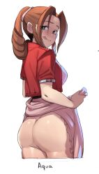 1girls aerith_gainsborough ass bottomless braid braided_ponytail brown_hair butt_crack clothes_lift cropped_jacket cropped_legs dress dress_lift final_fantasy final_fantasy_vii green_eyes hair_over_shoulder highres jacket licking_lips looking_at_viewer looking_back naughty_face no_panties pink_dress red_jacket red_panties sho-n-d simple_background tongue tongue_out