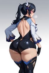 ai_generated ass ass_focus backless_outfit black_legwear black_leotard black_thighhighs eula_(genshin_impact) eula_(genshin_impact)_(cosplay) fat_ass genshin_impact gloves heavy_breathing huge_ass looking_at_viewer mona_(genshin_impact) shiny_skin shorts sweat thick_thighs thigh_boots thigh_strap thighhighs tight_clothing