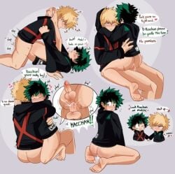 2boys anal_penetration bottomless clothing_swap cum cum_in_ass dekuwus english_text gay gay_sex heart hoodie izuku_midoriya katsuki_bakugou male male/male missionary missionary_position multiple_poses my_hero_academia on_lap penis thrusting thrusting_into_ass tsundere yaoi