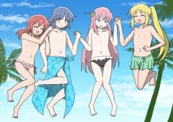 beach bocchi_the_rock! breasts flat_breasts flat_chest fushintako gotou_hitori ijichi_nijika jumping kessoku_band kita_ikuyo nipples partially_clothed partially_nude tagme thigh_gap topless yamada_ryou