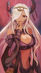 1girls absurdres asymmetrical_horns bare_shoulders breasts cleavage covering_mouth dark_skin dragon_girl female female_only fire_emblem fire_emblem_engage hair_ornament hair_over_one_eye highres horns large_breasts laugh long_hair looking_at_viewer mature_female netugen33 nintendo open_mouth pointy_ears purple_eyes purple_ribbon revealing_clothes ribbon smile solo tan tassel tassel_hair_ornament uneven_horns very_long_hair zephia_(fire_emblem)