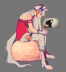 animal_ears balls blue_bow blunt_bangs boots bow brown_hat dress ear_bow english_commentary female from_side funny futanari gigantic_testicles gloves gold_ship_(umamusume) grey_background grey_boots grey_gloves grey_hair grey_pants hat high_heel_boots high_heels highres horse_ears horse_girl horse_tail interlocked_fingers intersex jess_(p2eocene) large_testicles long_hair meme o-ring oversized_balls own_hands_together pants photo-referenced pillbox_hat purple_eyes red_dress red_shirt reference_inset shirt shitpost simple_background sitting sitting_on_balls sleeveless sleeveless_dress sleeveless_shirt solo tail testicles umamusume white_boots white_gloves white_hair