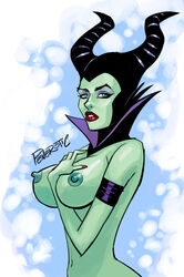 1girls areolae armband big_breasts blue_eyes breasts detached_collar disney disney_villains female female_only green_skin large_breasts lipstick maleficent nail_polish nipples nude penerotic sleeping_beauty_(1959_film) solo