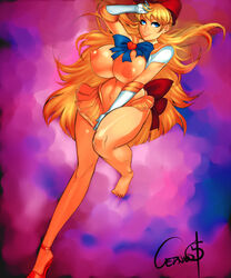 barefoot bishoujo_senshi_sailor_moon blonde_hair blue_eyes blush bow breasts clothing dakimakura elbow_gloves female getsketchy gloves hairbow large_breasts long_hair lying magical_girl minako_aino orange_skirt pleated_skirt sailor_senshi sailor_venus single_shoe skirt smile solo