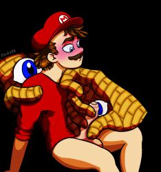 blue_eyes blush boss_monster bottomless bottomless_male bricks brown_hair electricyv eyerok facial_hair foreskin hand_on_shoulder handjob hat male mario mario_(series) monster monster_on_human monster_on_male moustache nervous partially_clothed penis simple_background size_difference super_mario_64 uncensored uncircumcised uncut