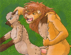 2boys anal_sex fangs feline force forced_yaoi furry grab green_eyes hyena interspecies lion male multiple_males penis rape stomach_bulge unknown_artist yaoi yellow_eyes