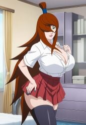 1girls ai_generated bare_chest big_ass big_breasts breasts breasts_bigger_than_head brown_hair bursting_breasts busty cleavage cleavage_overflow clothing fantasyprompt female female_focus female_only green_eyes hourglass_figure huge_ass huge_breasts lipstick long_hair looking_at_viewer makeup mature mature_female mei_terumi messy_hair milf nail_polish naruto naruto_(series) naruto_shippuden pinup pleated_skirt revealing_clothes school_uniform schoolgirl seductive seductive_eyes seductive_look seductive_smile shirt skimpy skimpy_clothes skirt slim_waist smile solo solo_focus stockings thick_thighs thighs tied_hair top_heavy top_heavy_breasts topknot upper_body very_long_hair voluptuous voluptuous_female wide_hips