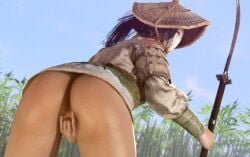 3d armor ass back_view black_hair bodily_fluids faceless_female female female_focus female_only fingering fingering_pussy fingering_self for_honor hat japanese_clothes leaning_forward leaning_on_object looking_back mask masked_female masturbation messy_hair nobushi outdoors pants_down partially_clothed ponytail prometheoos pussy pussy_juice source_filmmaker weapon