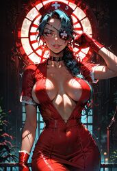 ai_generated areola_slip blue_hair breasts breasts_apart earrings eye_patch female gloves large_breasts manofmidas nurse red_dress red_eyes red_gloves sideboob skullgirls thighhighs valentine_(skullgirls)