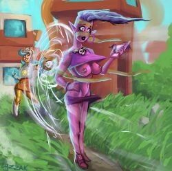 2girls boobs boobs_out brawl_stars cyzzak emz_(brawl_stars) monster_girl no_sex purple_skin shocked shocked_expression wendy_(brawl_stars) wind wind_lift