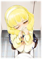 bathroom blonde_hair clothing cum facial female hairband highres panties peeing precure pretty_cure school_uniform skirt smile_precure solo squat_toilet tengoku toilet yayoi_kise yellow_eyes