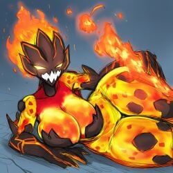 1girls ai_generated big_thighs blue_background breasts cleavage cold_shrike curvy curvy_figure elemental_creature elemental_humanoid female fire fire_body fire_elemental glowing_eyes honorbound humanoid lava lava_creature looking_at_viewer lying lying_on_side monster_girl mostly_nude novelai on_side pyromancer_(honorbound) rock rocks self_upload sharp_teeth simple_background solo solo_female solo_focus stone stone_body thick_thighs thighs