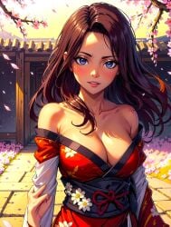 1girls ai_generated anime anime_girl arczisan attractive babe bangs beautiful beautiful_background beautiful_females breasts brick brick_floor brown_hair_female cana_alberona cherry_blossoms cleavage collarbone cute evening fairy_tail falling_petals fancy_clothing fantasy female_focus flower gate golden_week ground japan japanese_clothing looking_at_viewer lovely obi off_shoulder off_shoulder_kimono petals pink_flower posing red_kimono shiny_skin shonen_jump smiling solo spring stable_diffusion sunset upper_body wood wooden_fence
