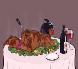 apple_in_mouth big_ass cannibalism cosmic_horror dinner food fork friday_night_funkin friday_night_funkin_mod guro meat nikusa_(fnf) nikusa_(sugarratio) pale-skinned_female sugarratio table vore