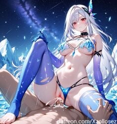 ai_generated bikini bikini_bottom bikini_top blue_bikini cowgirl_position cum cum_in_pussy cum_inside elbow_gloves ice long_hair patreon patreon_username red_eyes stockings white_hair xzollosez