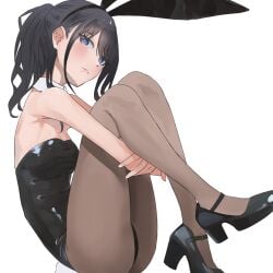armpits bare_arms bare_shoulders black_hair black_leotard blue_eyes blush breasts brown_pantyhose bunny_ears bunnysuit cleavage closed_mouth detached_collar high_heels idolmaster idolmaster_shiny_colors kazano_hiori leotard long_hair mole mole_under_eye pantyhose ponytail small_breasts strapless_leotard thighs umirororo