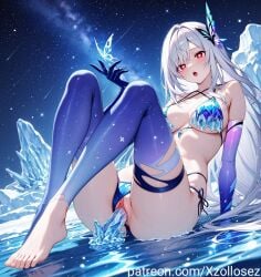 ai_generated bikini bikini_bottom bikini_top blue_bikini dildo_insertion elbow_gloves heart-shaped_pupils ice long_hair patreon patreon_username red_eyes stockings vaginal_penetration white_hair xzollosez