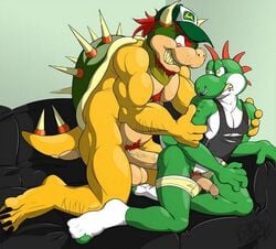 2boys anthro anti_dev artist_initials artist_logo balls ballsack bara baseball_cap beige_countershading bowser chest_tuft clothed_male_nude_male erection facial_hair furry furry_only gay gay_sex goatee green_head green_shell green_skin horns implied_anal john_deere koopa male male/male male_nipples male_only male_pubic_hair mario_(series) masculine mature_male muscles muscular_male neckerchief nintendo nose_piercing nose_ring pecs penis penis_piercing pink_eyes prince_albert_piercing pubes red_hair scrotum semi-erect septum_piercing shell smooth_penis spiky_shell tail tank_top testicles toony underwear veiny_penis white_countershading yellow_eyes yellow_skin yoshi