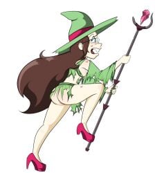1girls almost_naked ass back_length_hair battle_damage breasts broken_glasses broken_staff brown_hair buckteeth female female_focus female_only gabriella_greene gabrielle_green glasses green_fingernails green_hat green_outfit hairless_pussy half_naked half_naked_female high_heels loincloth_lift long_hair magic_staff monkeycheese pink_high_heels pussy pussy_peek rpg rpg_gabriella_greene rpg_gabrielle_green small_breasts solo solo_female solo_focus staff thick_thighs thighs torn_clothes white_background witch wizard