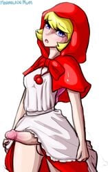 1futa apron baby_bonnie_hood blonde_hair blue_eyes bulleta capcom clothing cum darkstalkers dress futa_only futanari hood human intersex looking_at_viewer marmalademum open_mouth penis precum red_dress short_hair simple_background small_breasts solo white_background