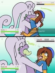 2girls arms_around_partner bedroom_eyes brown_eyes brown_hair clothing female forced_kiss game_freak goodra green_eyes green_tongue hat health_bar jamearts kissing knocked_out lesbian_kiss nintendo pokemon pokemon_(species) pokemon_battle purple_body raichu saliva saliva_trail size_difference slime sloppy_kiss slug slug_girl tongue tongue_out yuri