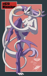 2011 3_toes anthro barefoot breasts claws color female female_only front_view fur furry mienshao mingchee nipples notorious84 nude on_one_foot pokemon pose purple_eyes purple_fur pussy raised_leg solo species_name standing tail the_pokedex_project white_fur