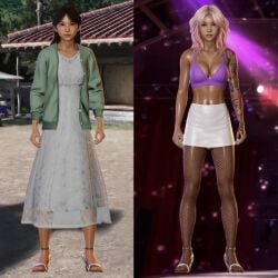 3d ai_generated ayako_(ryuu_ga_gotoku) before_and_after bimbo bimbofication brainwashing cleavage comparing corruption dyed_hair gyaru kogal nightclub ryuu_ga_gotoku sole_female strip_club tan tan_body tan_lines tattoo