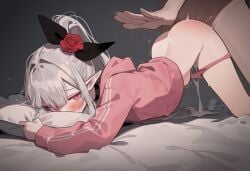 ai-generated black_ribbon blush blush_lines blushing cum cum_drip cum_in_pussy deathpie's_character doggy_style elf_ears face_on_pillow hair_ornament hood hoodie non-web_source original panties panty_pull pillow pillow_grab pillow_hug pink_hoodie pink_panties pointy_ears pussy_juice red_butt ribbon sex spanking underwear white_hair