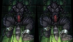 1boy abs big_penis canine chained cross_stereogram fangs male male_only muscles nude penis solo spread_legs spreading stereogram stripes testicles veins veiny_penis wolf