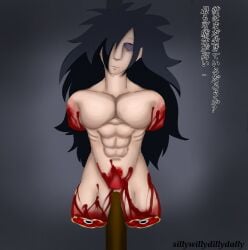 1boy abuse amputee artist_name bleeding blood castration dismemberment ero_guro execution gore guro highres impaled japanese_text long_hair male male_focus male_only male_ryona muscular muscular_male mutilation naruto_(series) naruto_shippuuden nude pain penis sillywillydillydally uchiha_madara wtf_is_this