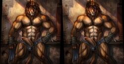 1boy abs anthro biceps cross_stereogram cum cum_on_stomach erection feline fur furry furry_only gym hair lion looking_at_viewer male male_only messy penis pose solo standing stereogram testicles veins veiny_penis workout yellow_eyes