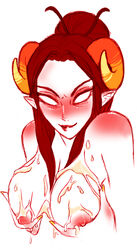 1girls blank_eyes breast_fondling breasts cum cum_on_breasts damara_megido female hair_bun homestuck horns looking_at_viewer ms_paint_adventures nipples nude pointy_ears red_hair red_lips red_nipples short_hair solo troll white_background