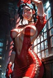 ai_generated areola_slip blue_hair breasts breasts_apart cleavage earrings eye_patch female gloves large_breasts manofmidas nurse red_dress red_eyes red_gloves sideboob skullgirls thighhighs underboob valentine_(skullgirls)