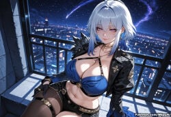 1girl ahoge ai_assisted ai_generated bangs black_gloves black_jacket blue_hair blush breasts choker cityscape cleavage closed_mouth collarbone curvaceous curvy curvy_female curvy_figure earrings eyebrows_visible_through_hair female fur_trim galbrena_(wuthering_waves) gloves hair_between_eyes huge_breasts jacket jewelry large_breasts long_sleeves looking_at_viewer midriff miyuai navel necklace night purple_eyes short_hair short_shorts shorts sidelocks silver_hair sitting sky smile solo star_(sky) starry_sky tacet_mark_(wuthering_waves) thick thick_ass thick_butt thick_hips thick_legs thick_thighs thigh_strap thighhighs thighs voluptuous voluptuous_female wide_hips wide_thighs wuthering_waves