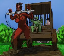 abs baldur's_gate_3 bondage bouncing_breasts branding_mark cage defeated_heroine dirty_feet forced_labor goblin_male horns horseshoe human_livestock humiliation karlach mud muddy muscular_female nipple_bells pierced_nipples ponygirl public_nudity pulling_cart red_skin reins running shadowheart tattoos tiefling trees whipping yoke yoke_(bdsm) yoke_(restraint)