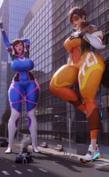 2girls asian asian_female big_breasts blizzard_entertainment breasts british british_female building buildings city d.va dbhfrost european european_female female female_focus giant_female giant_woman giantess hana_song korean korean_female large_boobs large_breasts lena_oxton light-skinned_female light_skin multiple_females multiple_girls overwatch overwatch_2 scrag_d.va scrag_tracer thick_thighs thighs tracer video_game_character