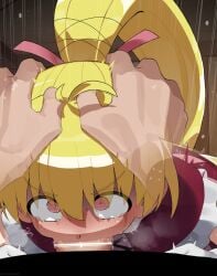 1boy 1girls absurd_res big_penis biscuit_krueger blonde_hair censor_bar deepthroat dress fellatio gloves hands_on_another's_head hands_on_head highres hunter_x_hunter irrumatio mizumizuni oral penis pink_eyes ponytail ribbon upper_body