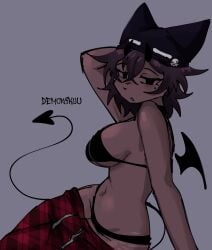 beanie big_breasts bikini black_bikini black_panties breasts brown_hair demon demon_girl demon_horns demon_tail demonikyu demonispicy hand_on_head horns large_breasts looking_at_viewer lying lying_down open_mouth panties pants_pulled_down seducing seduction seductive seductive_eyes seductive_gaze seductive_look seductive_pose short_hair side_view sideboob sitting suggestive suggestive_look suggestive_pose suggestive_posing waist