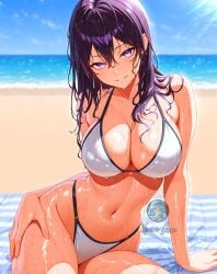 2025 ai_generated anime bambietta_basterbine beach_background belly bleach crunchyroll grinning_at_viewer hand_on_leg instagram looking_at_viewer meta not_porn purple_eyes_female purple_hair_female smile_at_viewer smiling_at_viewer tummy unknown_artist wet_bikini wet_body wet_skin white_bikini